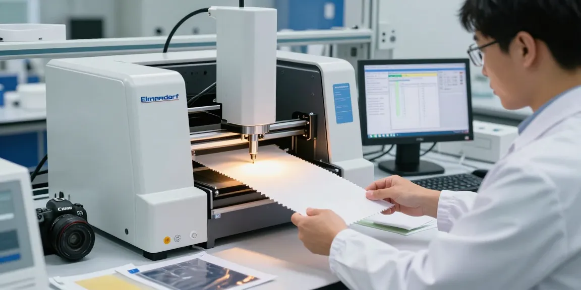 Elmendorf tearing tester in a high-tech lab measuring fabric tear resistance.