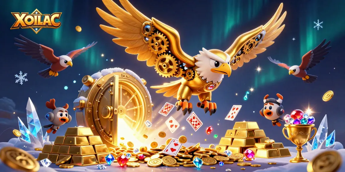 Catch the excitement of betting on XOILAC with this vibrant, detailed illustration of a golden eagle amidst dazzling gambling elements.