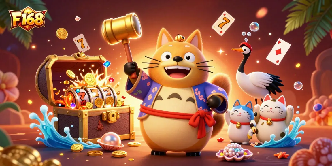 Experience thrilling gameplay at F168 with vibrant slot machines and festive characters in a digital 3D illustration.