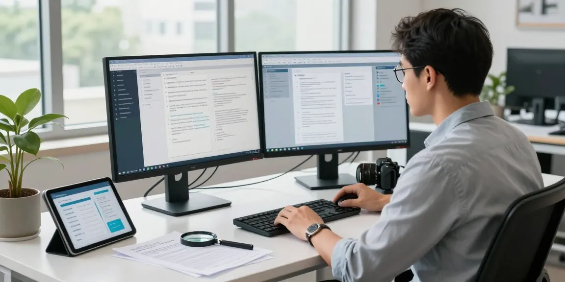 IT specialist focusing on document fraud detection in modern workspace.