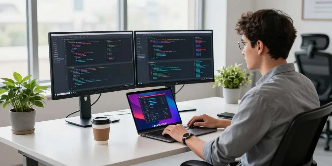 VDS satın al in a modern coding environment with dual monitors and vibrant design elements.