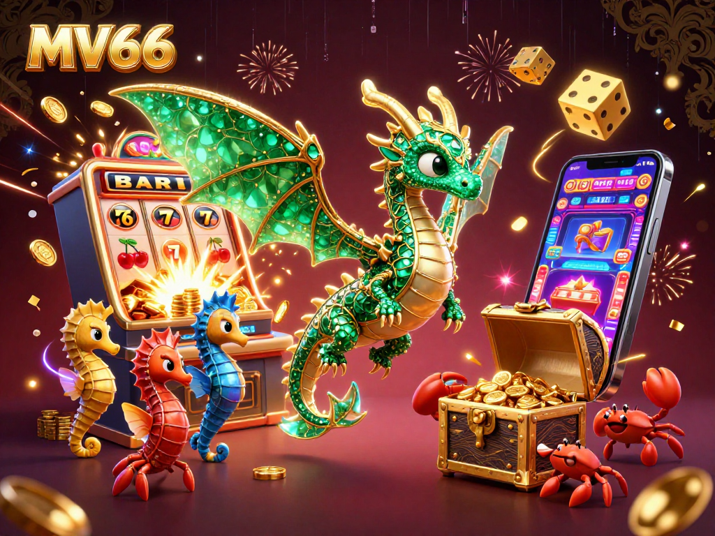 Experience excitement at MV66 with a vibrant slot machine and a floating sea dragon.