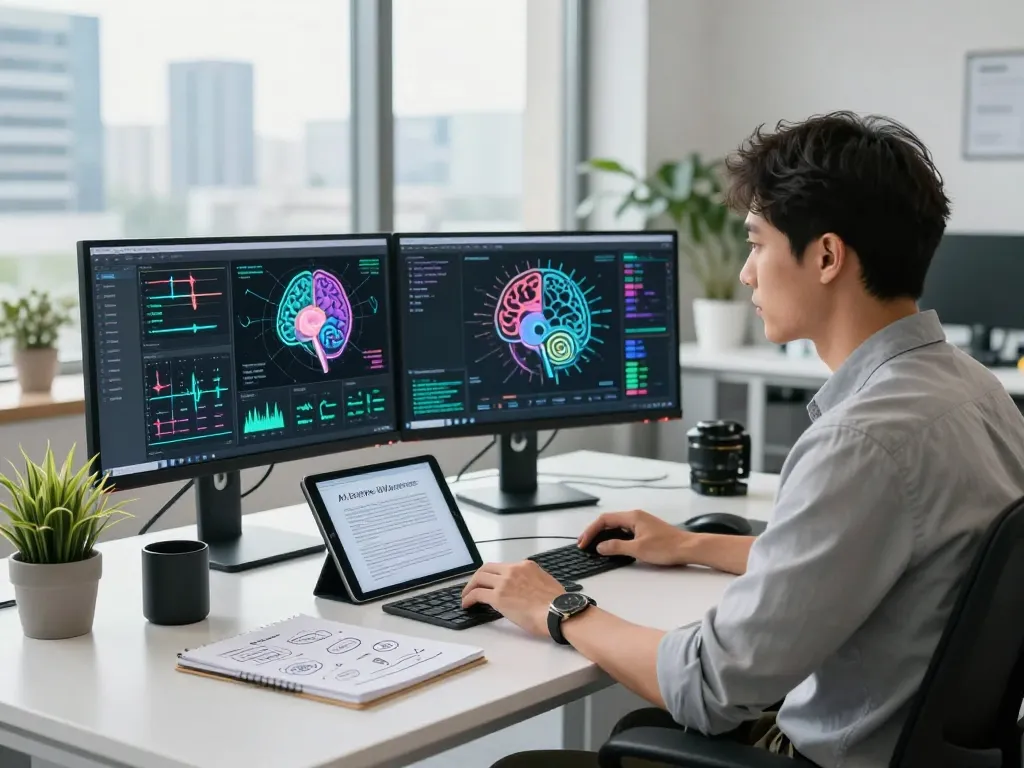 Data scientist developing mind control AI in a modern office with brainwave visualizations.