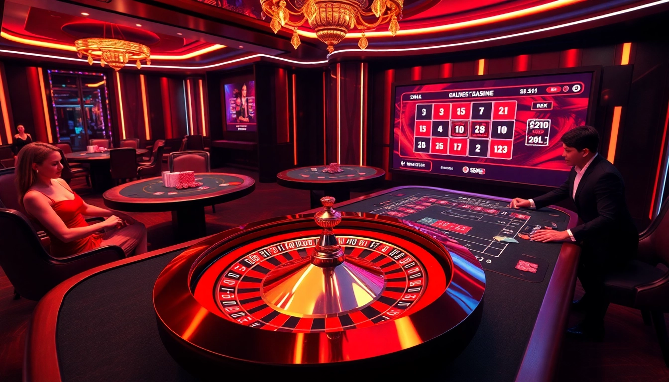 Action-packed casino gaming scene showcasing https://bem88.com with roulette, chips, and dealers in luxury.