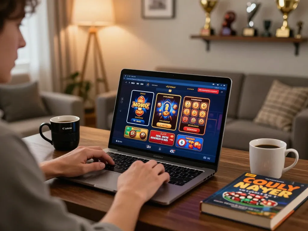 Player engaging with xo88 online casino on a laptop, showcasing strategic gameplay in a cozy setting