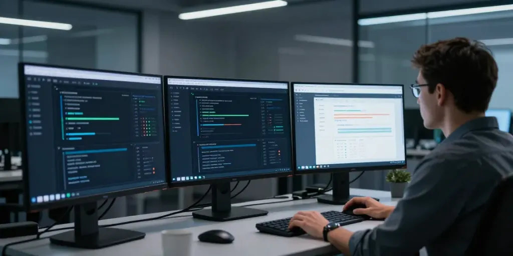 Web application va security assessment in a high-tech workspace with analytics tools.