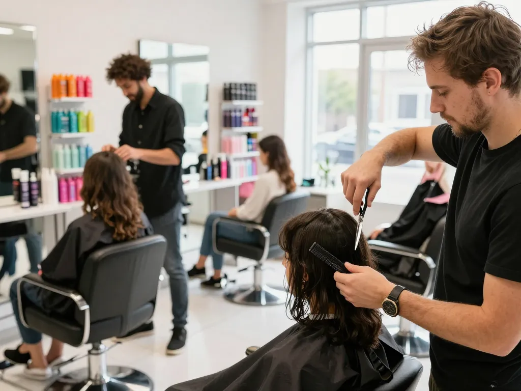 Clients receiving haircuts at a vibrant salon near me, showcasing style and personalization.