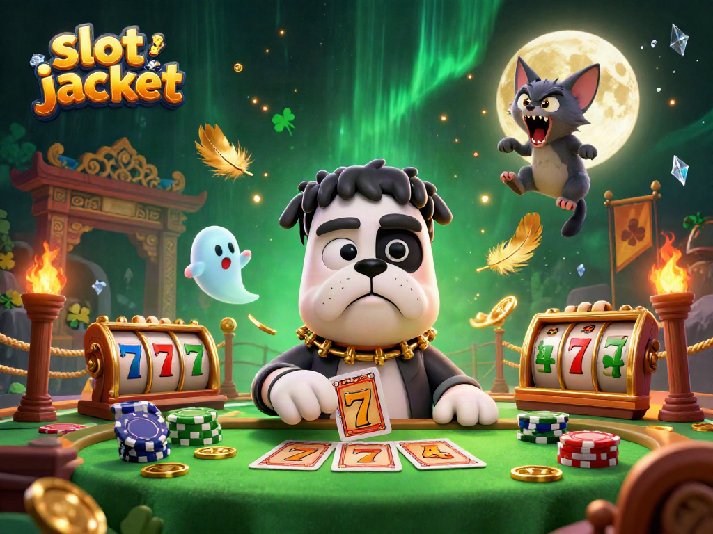 Menggulung slot jackpot dengan Frankenstein bulldog monster dan cuaca mistis sambil bermain kartu di kasino.