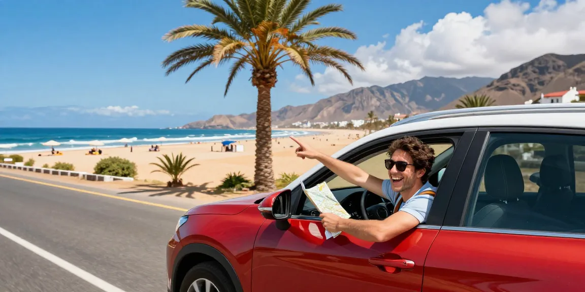 Excited traveler enjoying Agadir car rentals while driving along a beautiful coastal road with scenic views.