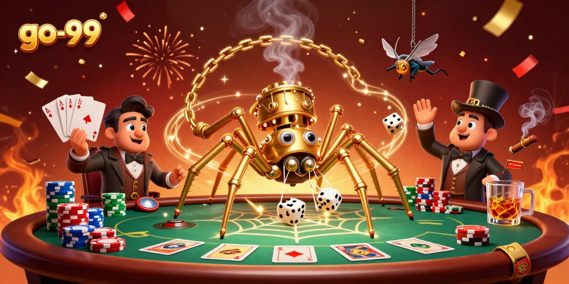 Experience go-99 with a steampunk spider and poker-themed illustration, winning thrilling bets!