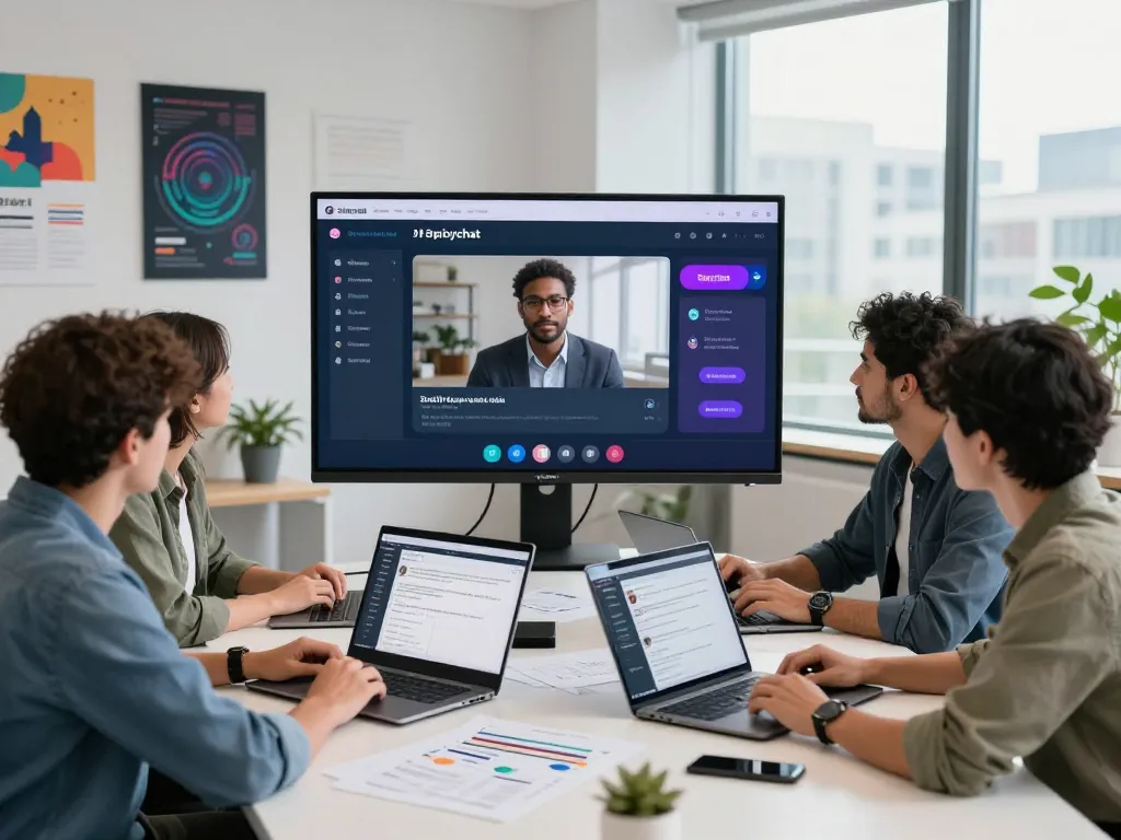 Team discussing spicychat features in a modern office environment with AI visuals.