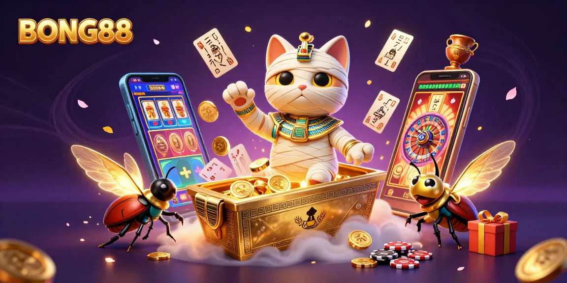 BONG88 features a thrilling casino scene with an Egyptian mummy cat and a scarab beetle, celebrating big wins.