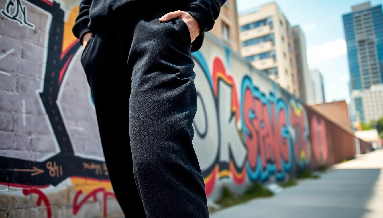 Model showcasing black baggy sweatpants against a vibrant graffiti wall in an urban setting.