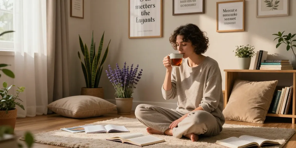Mental health quotes inspire tranquility in a serene home setting.