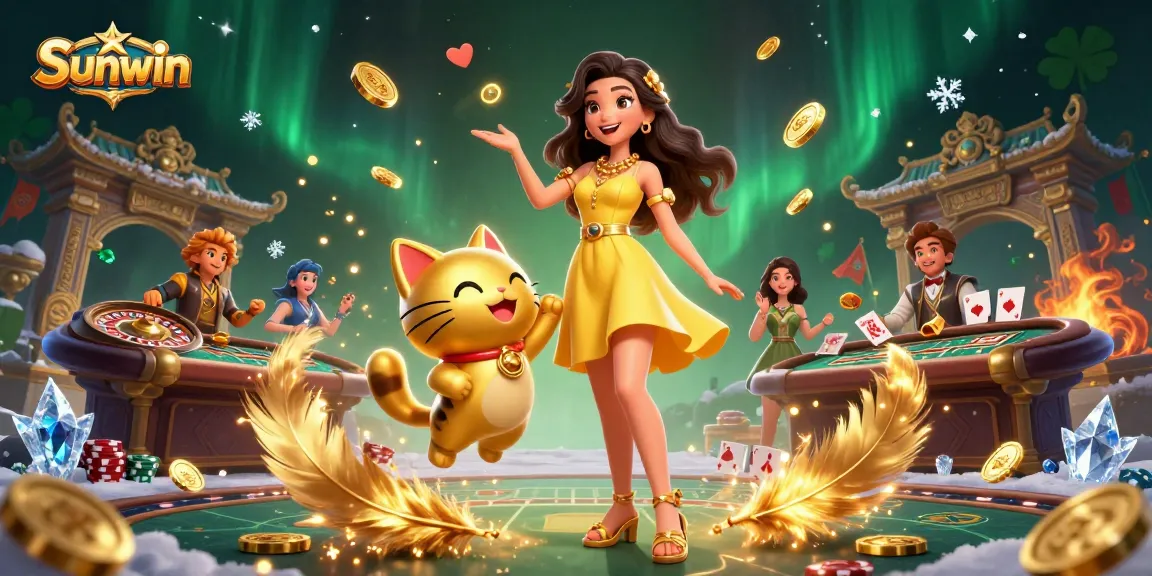 Experience thrilling gameplay at Sunwin with a joyful Asian woman and lucky cat amidst casino action.