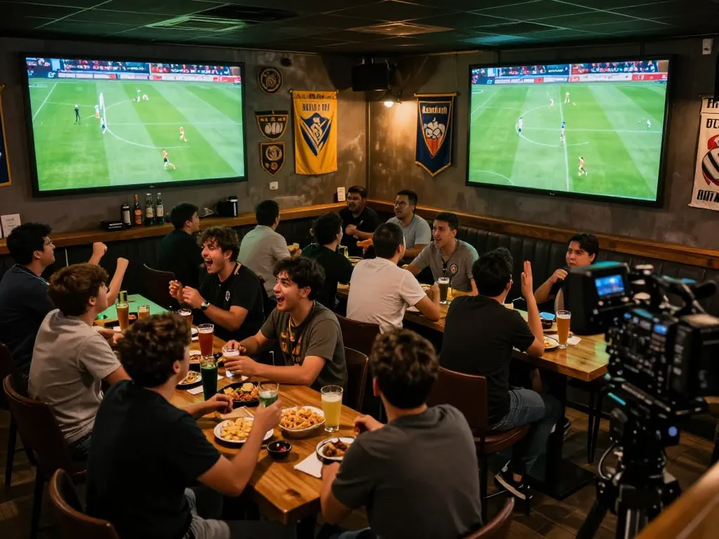 Socolive xem bóng đá brings excitement as fans cheer in a lively sports bar watching live soccer.