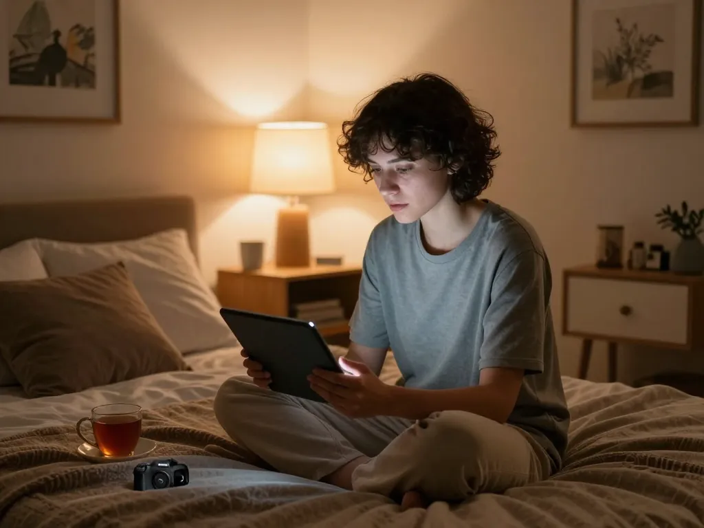 Engaging in free ai sex chat on a cozy bed with a friendly AI chatbot.
