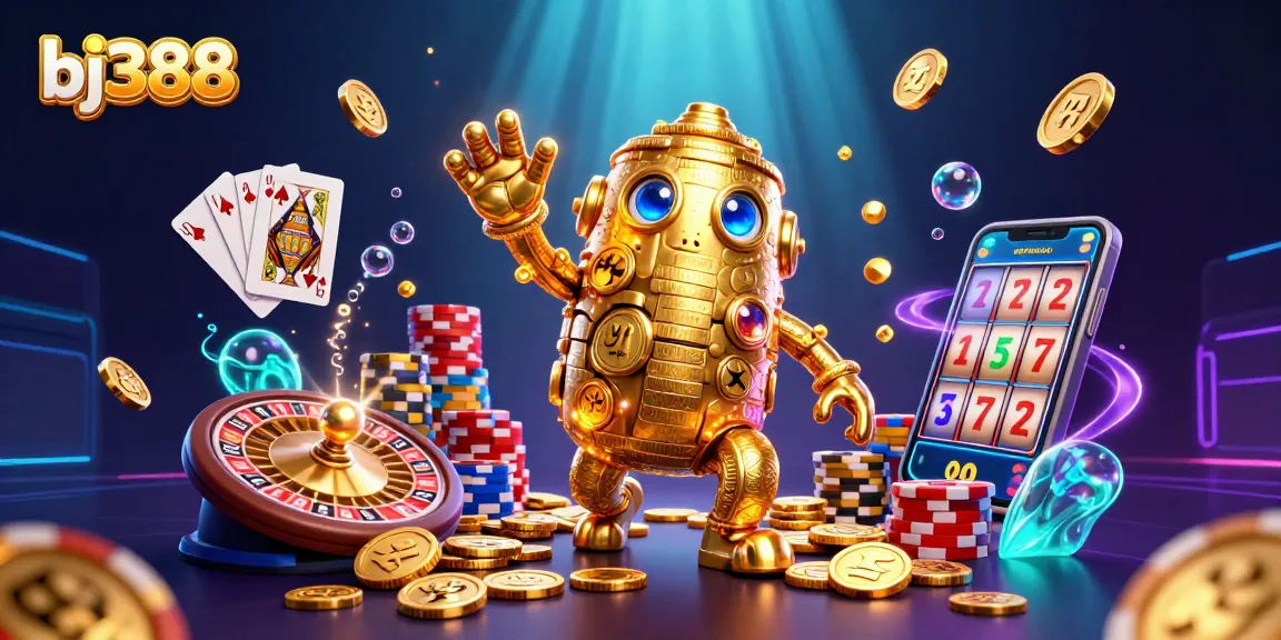 Spin the reels of bj388's dynamic gaming experience featuring a golden golem surrounded by casino elements.