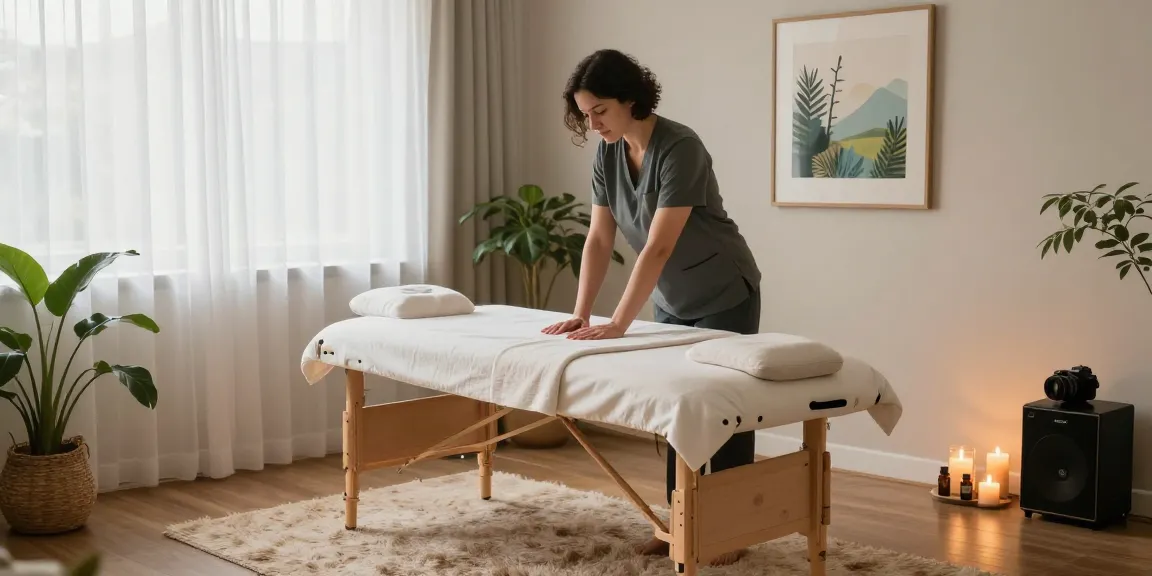 Professional massage therapist preparing a cozy home environment for 부평출장안마 session with calming elements.