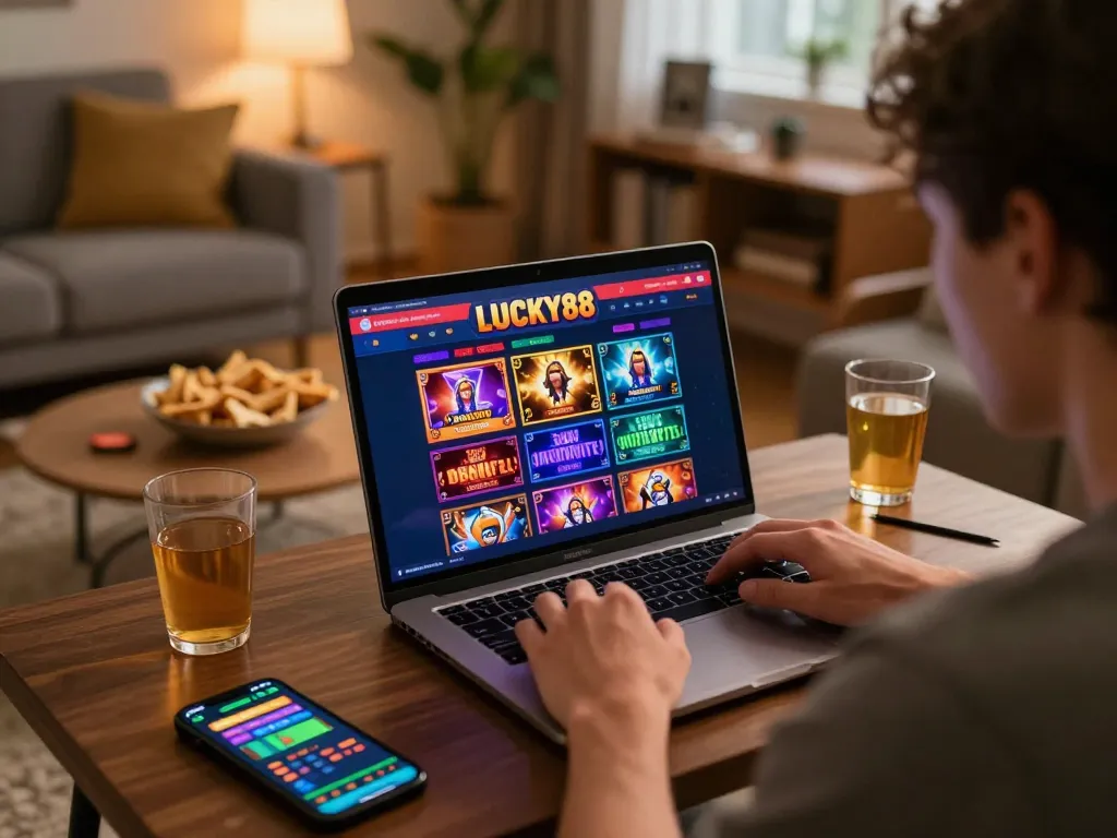 Player enjoying LUCKY88 online gaming on a laptop in a cozy home setting with snacks and drinks.