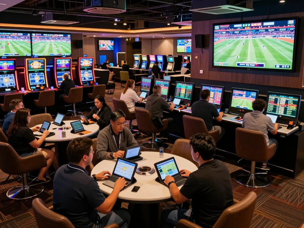 Engaging scene of sports bettors placing bets on go8 tournaments in vibrant casino setting
