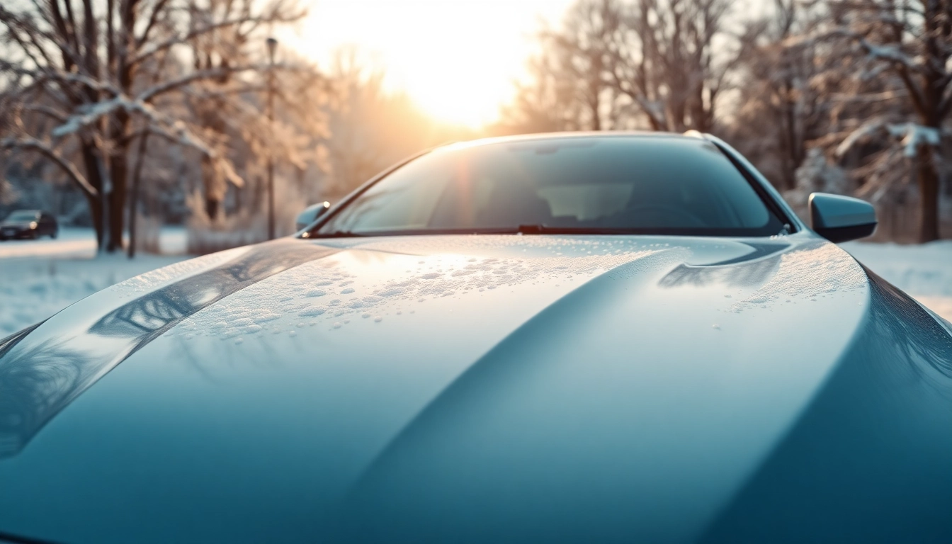 Winter car protection Chattanooga with a glossy car surrounded by snow in a scenic winter landscape.
