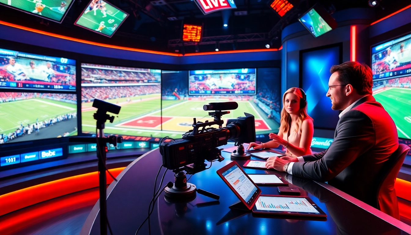 Engaging scene of sports broadcasting featuring a dynamic studio setup and vibrant displays