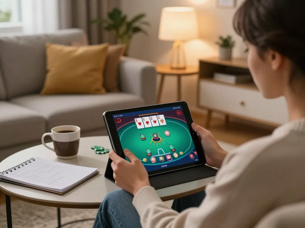 Person engaging in online poker gaming on tablet at home, representing five88's betting strategies.