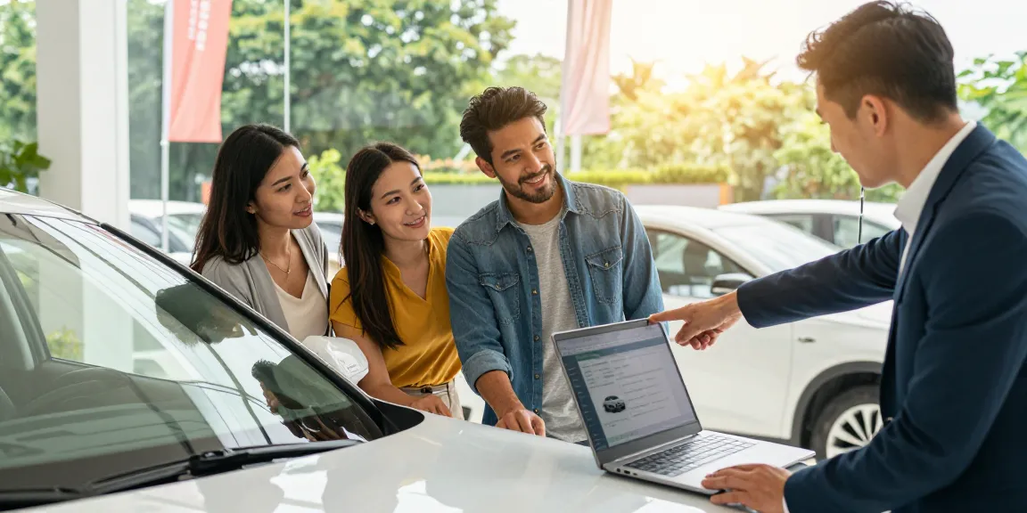 Best car history check UK with couple reviewing vehicle report at dealership.