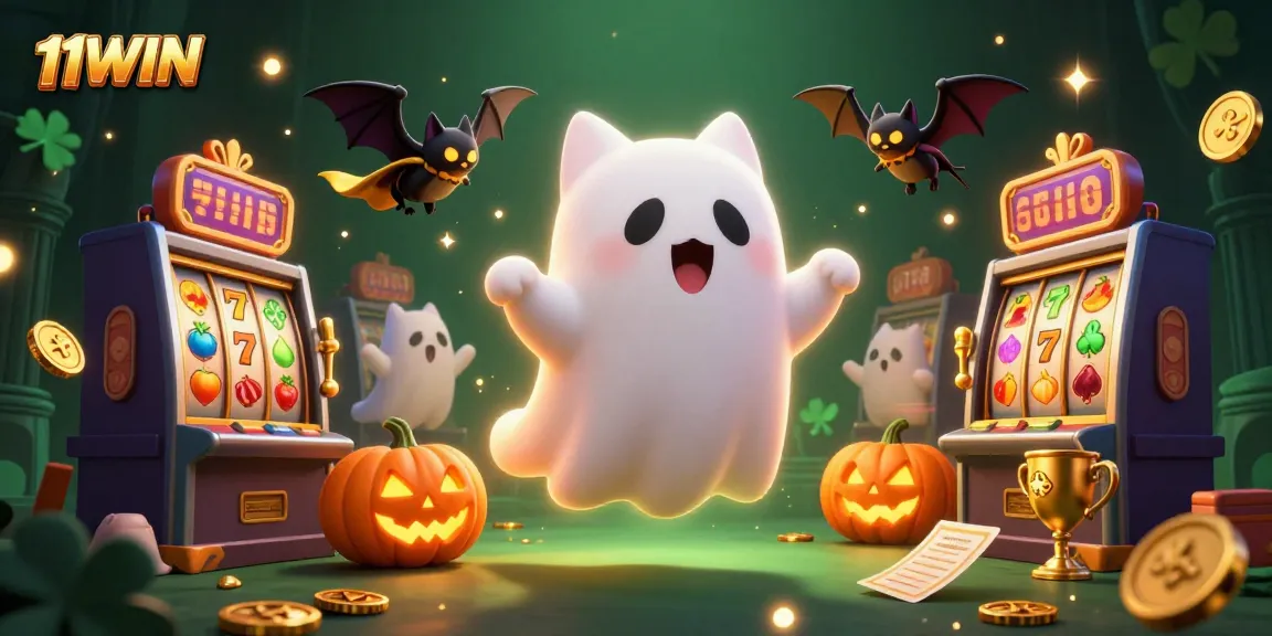 Experience thrills with 11WIN's vibrant gambling scene featuring animated characters and slot machines.