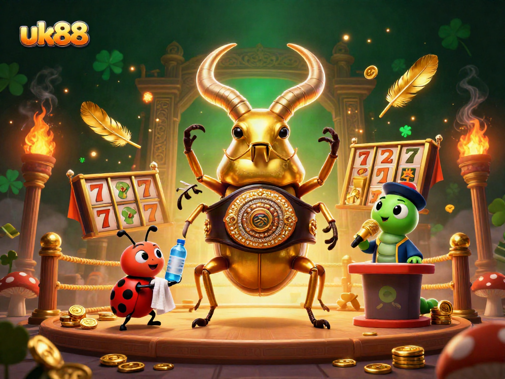 Gambling action at uk88 featuring a golden stag beetle champion in a lively casino scene.