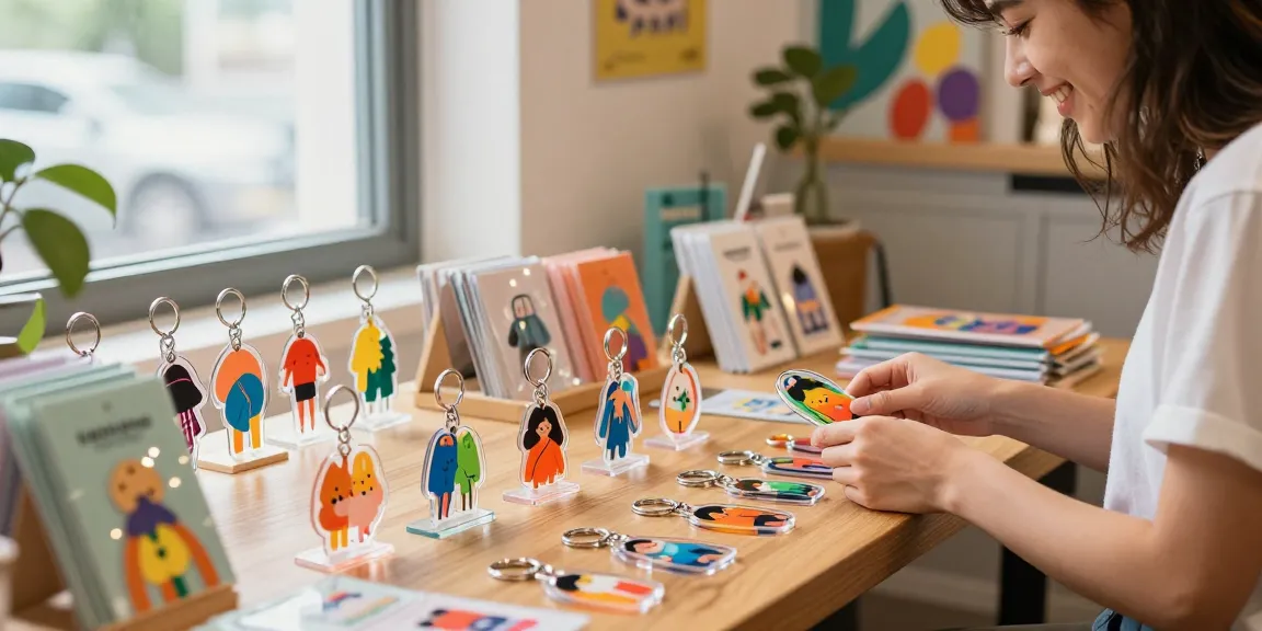 Custom clear acrylic keychain display attracting shoppers in a vibrant e-commerce setting.