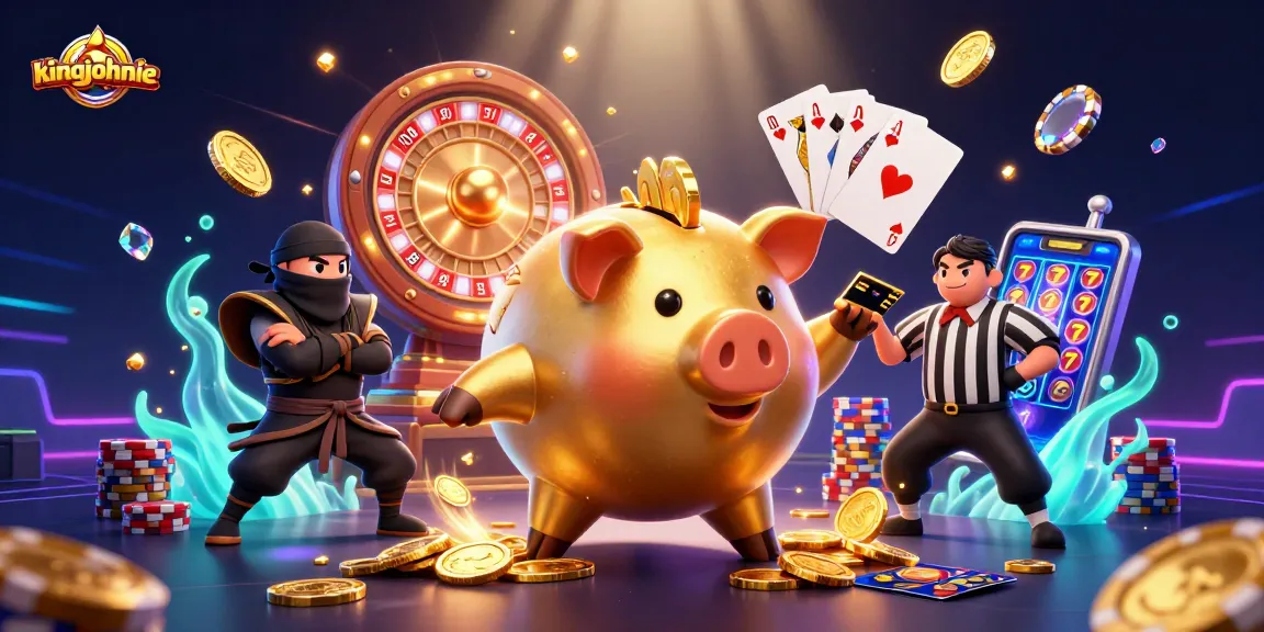 kingjohnnie casino scene with dynamic characters and vibrant game elements flying around