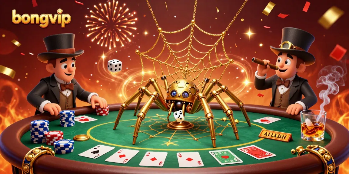 bongvip's 3D casino illustration showcases a golden spider and a Victorian fly character within an intricate poker scene.