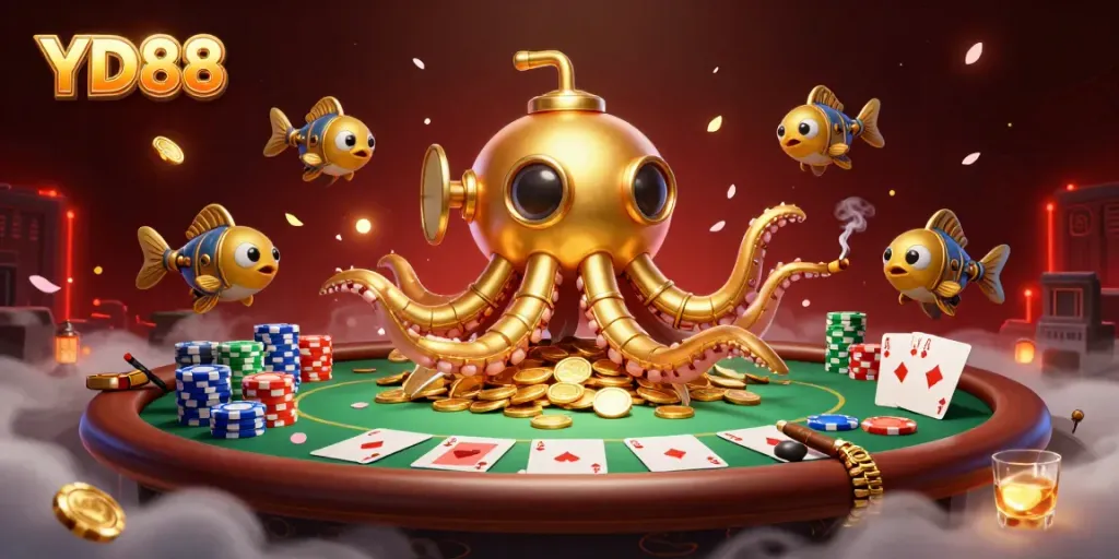 Experience the excitement of YD88 with a vibrant 3D illustration of a kraken submarine amidst poker action.
