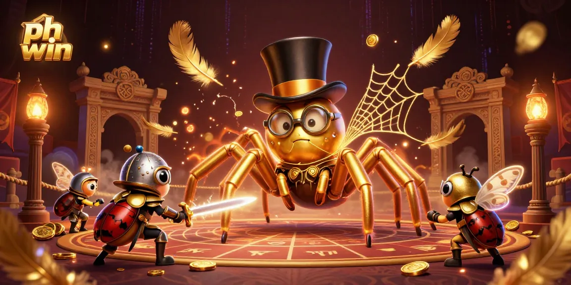 Engage with ph win’s vibrant 3D casino scene featuring a golden tarantula and a beetle knight amidst golden gaming elements.