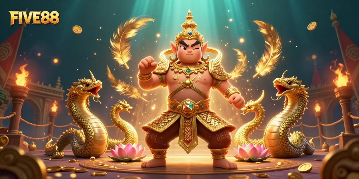 Experience thrilling action at FIVE88 Casino with vibrant guardian figures and dynamic game elements.