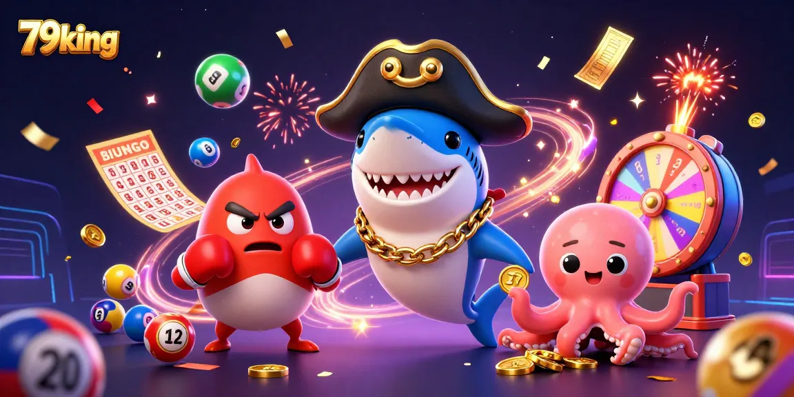 Engage with 79king's thrilling online games featuring a playful shark, boxing pufferfish, and gold-holding octopus in a vibrant scene.