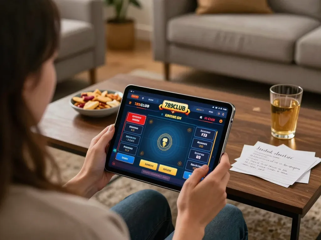 Engaging gameplay on 789CLUB online casino app captures strategic betting moments in a cozy home setting.
