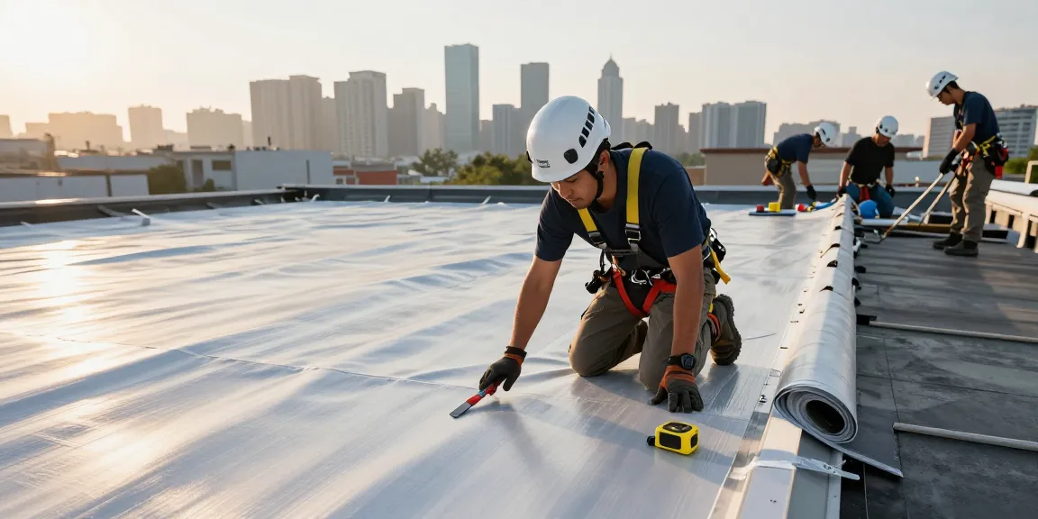Expert commercial roofing installation highlighting skilled craftsmanship and teamwork in a vibrant urban setting.