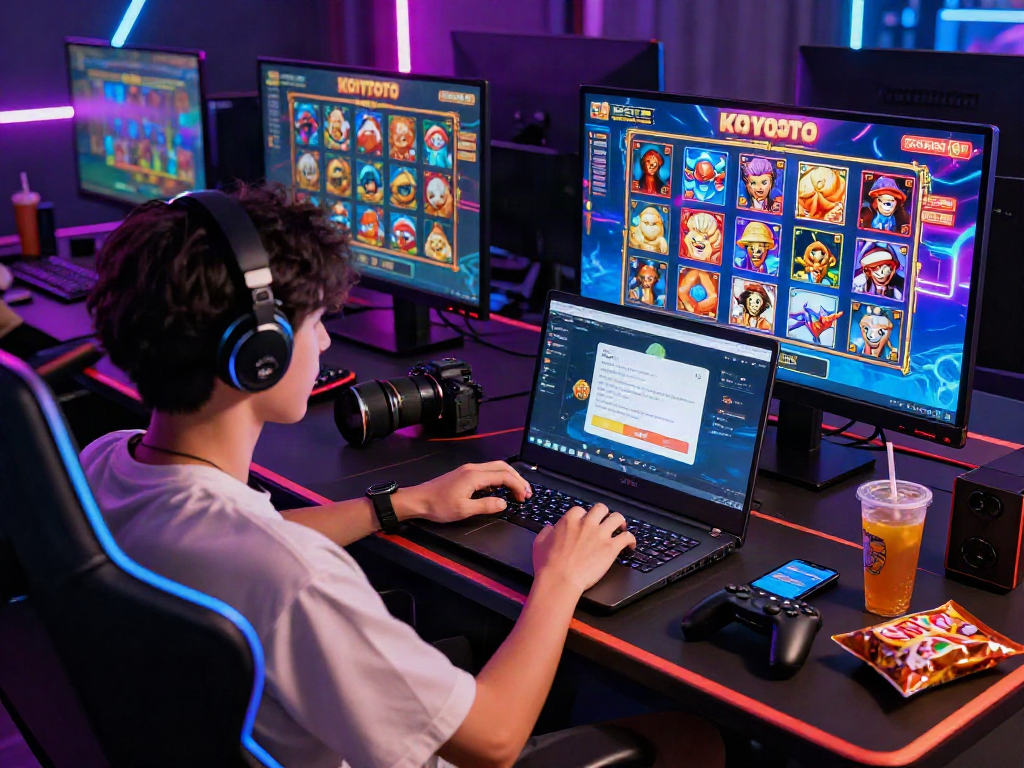 Player enjoying KOITOTO online slots on laptop with vibrant graphics and gaming accessories, showcasing an exciting gaming atmosphere.