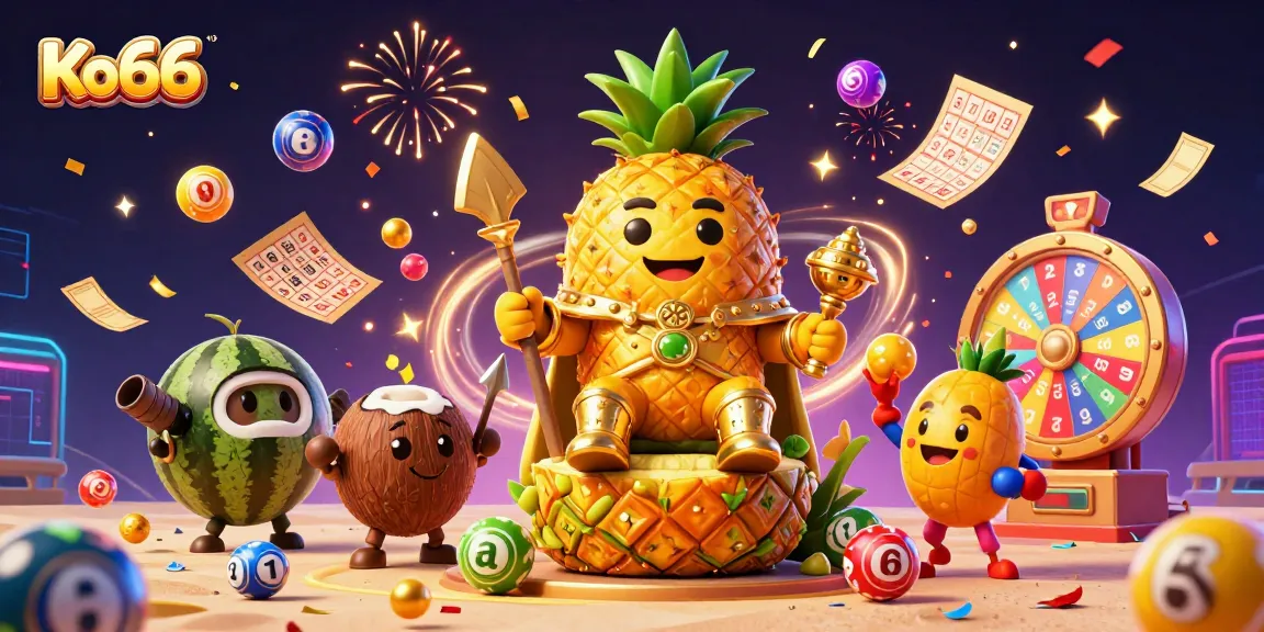 Experience Ko66 with vibrant lottery balls and a golden pineapple king celebrating at a beach casino.