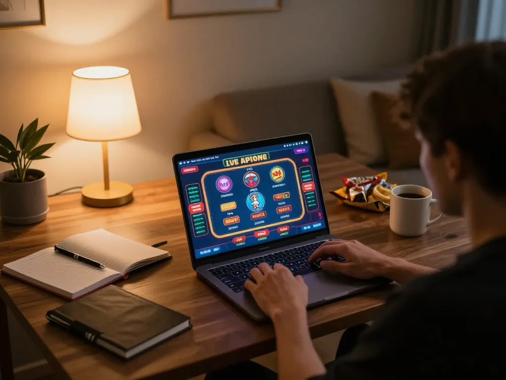 Engaged player experiencing online gaming at https://f168biz.com/ on their laptop in a cozy living room setting.