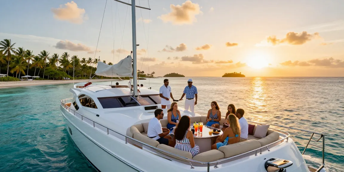 Yacht rental Punta Cana experience at sunset with friends on a luxurious private boat charter.
