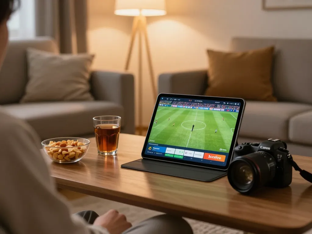 Socolive stream showcasing live soccer match on a tablet in a cozy living room.