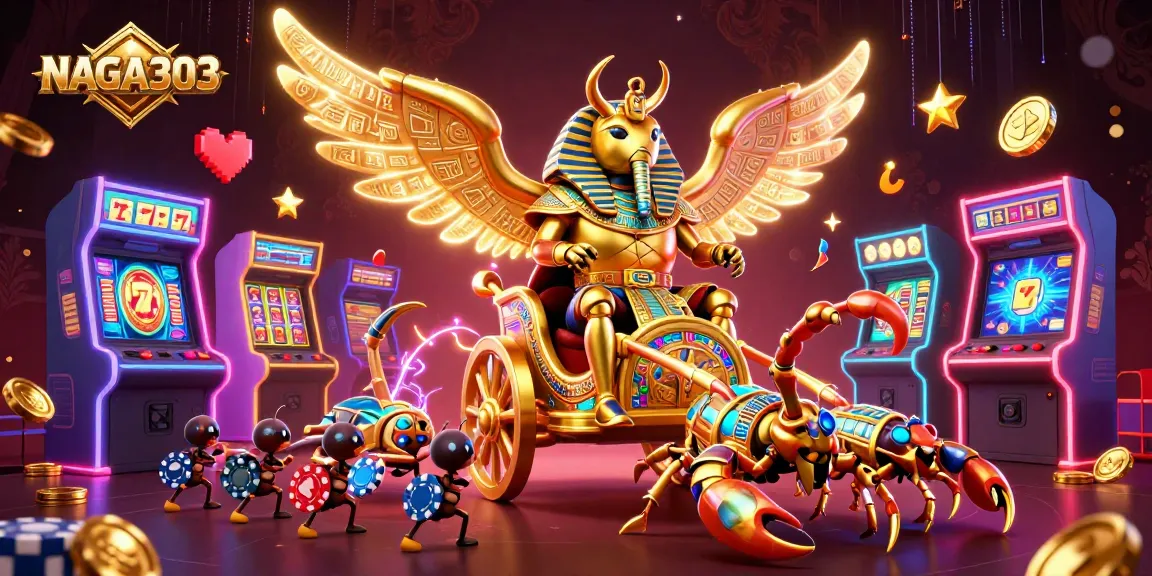 NAGA303 captivates players with a vibrant 3D casino scene featuring a golden scarab beetle and slot elements.