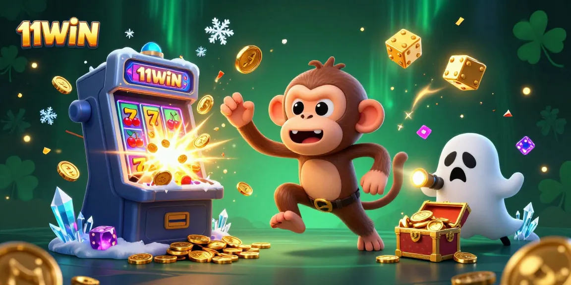 Engage in thrilling gameplay at 11WIN with a lively casino scene featuring golden jackpots.
