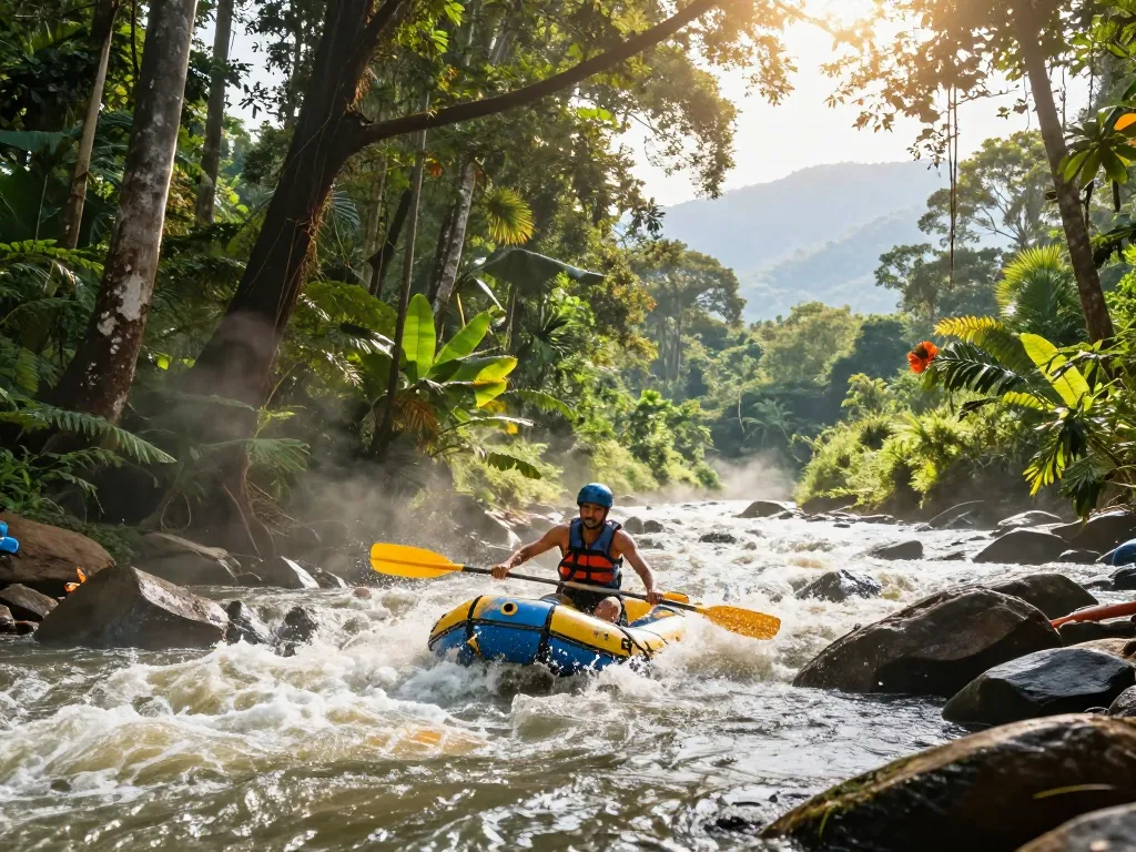 Dandeli adventure with traveler rafting on the Kali River surrounded by lush jungle.