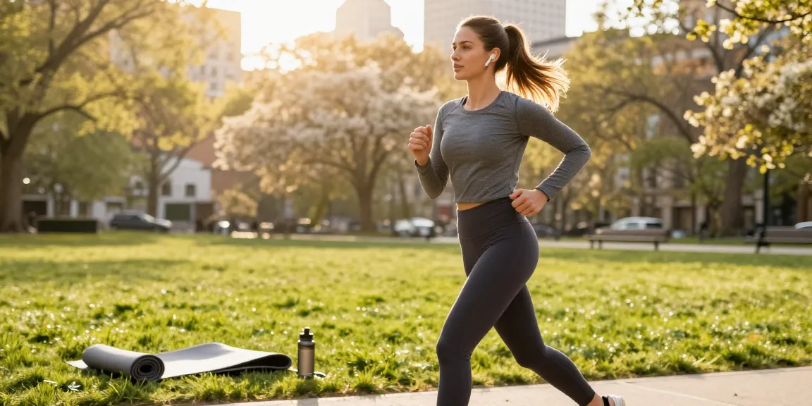 Woman in modest activewear jogging in a vibrant city park, showcasing stylish athletic gear.