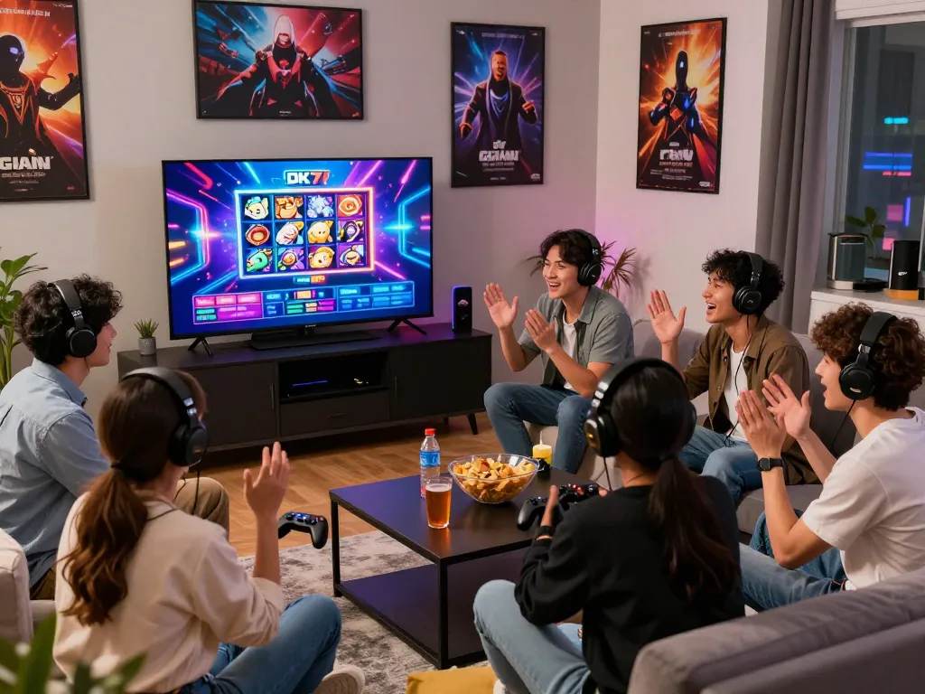 Group of friends enjoying dk7 สล็อต gaming session in a vibrant living room with colorful visuals and snacks.